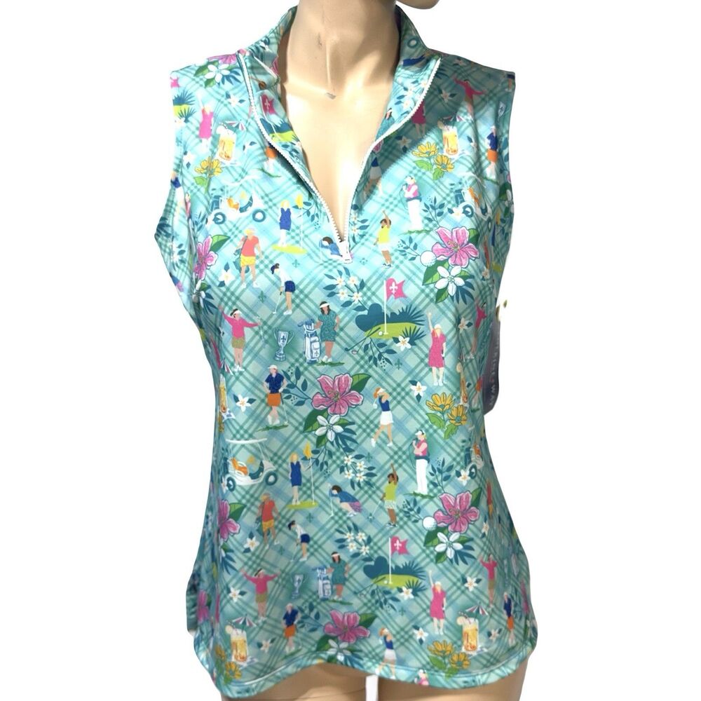 Katherine Way Sleeveless Polo Shirt Top Size M Golf Print UPF 50 USA NWT